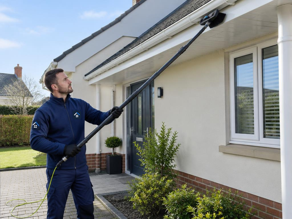 TWCC Group operative cleaning white UPVC fascia boards with a water fed pole