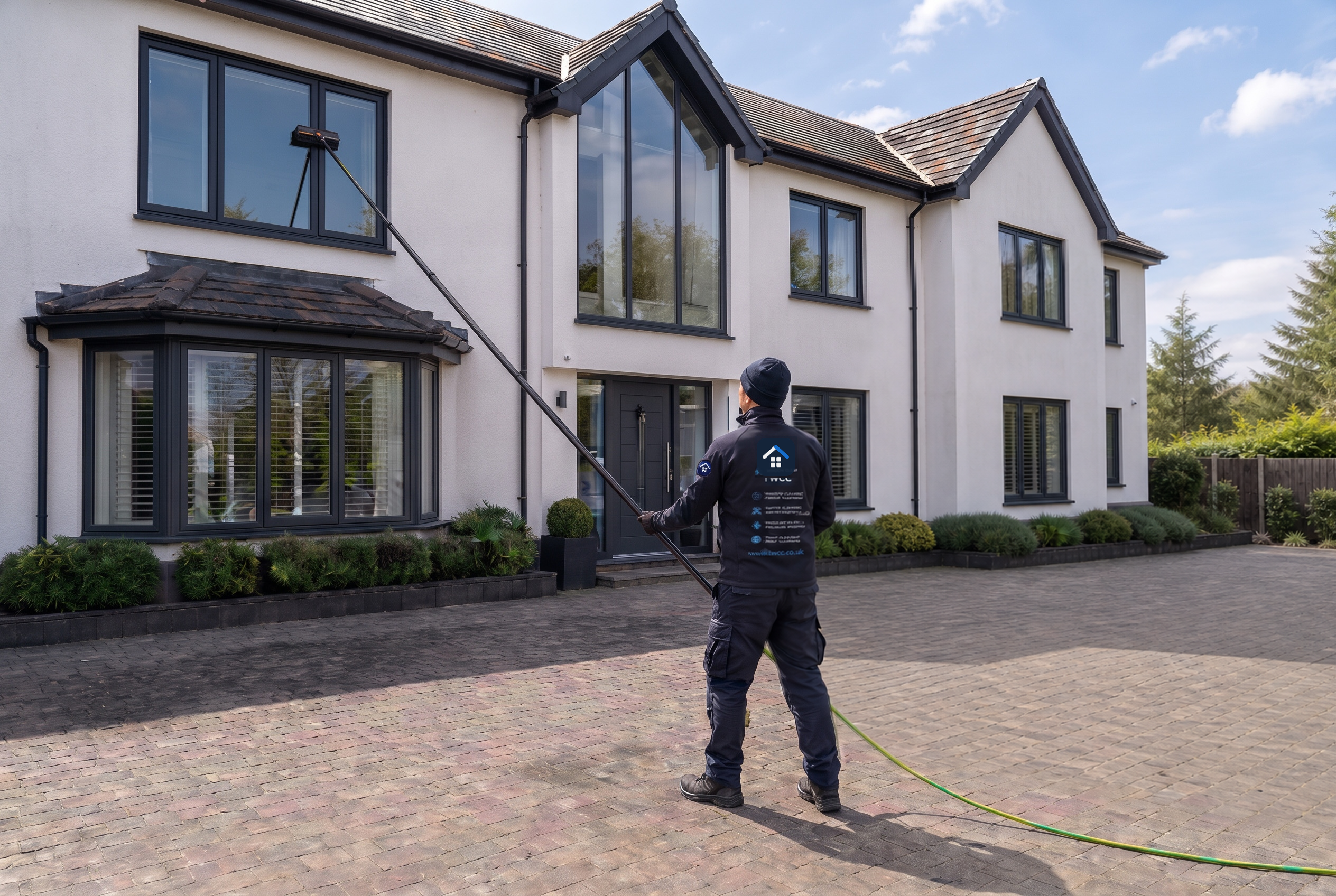 TWCC Group uniformed window cleaner cleaning an upstairs window of a large detached house on the driveway