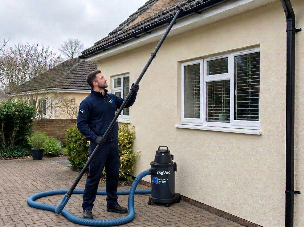 TWCC Group operative clearing house gutters with a telescopic gutter vacuum pole and hi-vis green hose