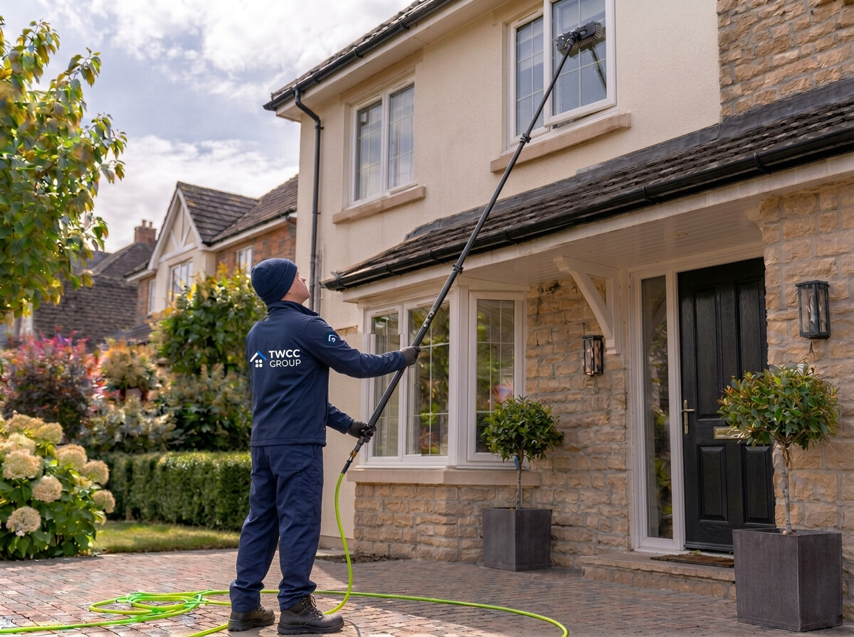 TWCC Group operative cleaning residential windows with his upper-back logo visible